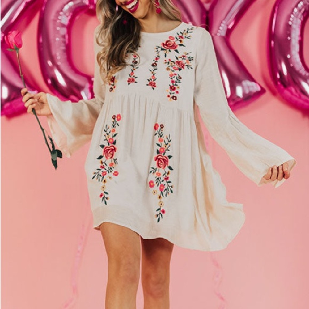 Umgee Oversized Boho Shift Dress with Pink Floral Embroidery